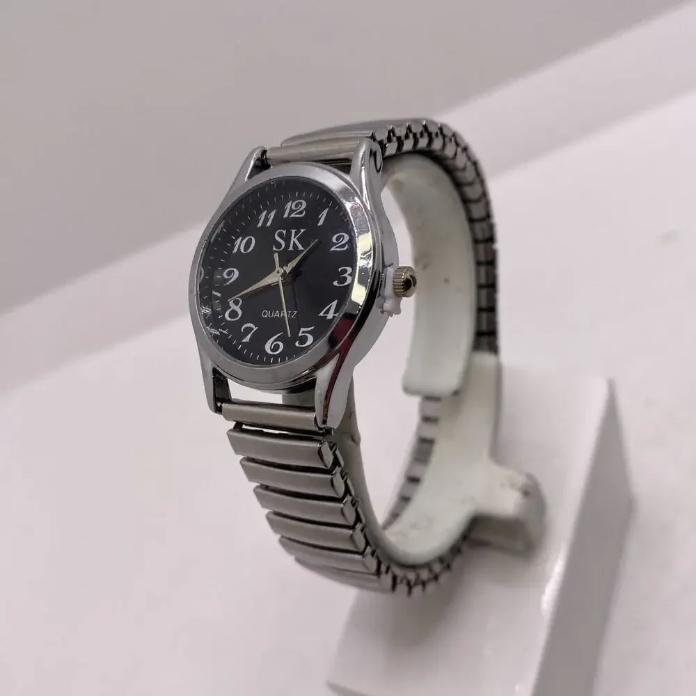Womens Black Dial Silver Stretch Quartz Watch Works New Battery
